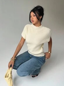 Aloruh 女士休闲纯色简约立领短袖毛衣