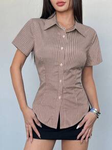 Flirla 蓝色条纹修身休闲办公室女士短袖衬衫