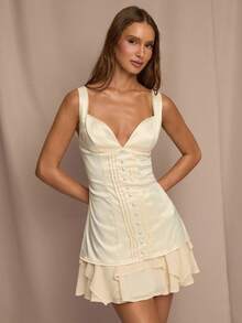 SHEIN BAE Đầm nữ màu mơ trơn, cổ tim, không tay, cài cúc đơn, xếp ly, kiểu dáng 2 trong 1, thanh lịch, thích hợp mặc đi ăn trưa, dự tiệc, hẹn hò, lễ hội, corset, kiểu cổ tích, dự tiệc cưới, trang phục mùa thu cho nữ, đầm thanh lịch cho nữ, ngày lễ tình nhân, trang phục Valentine cho nữ. - Màu be - Xem 7