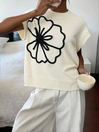 Siren Gaze 女士复古风格秋季可爱教师花卉提花针织宽松休闲背心，秋季开学必备单品，机场款，2025年新品