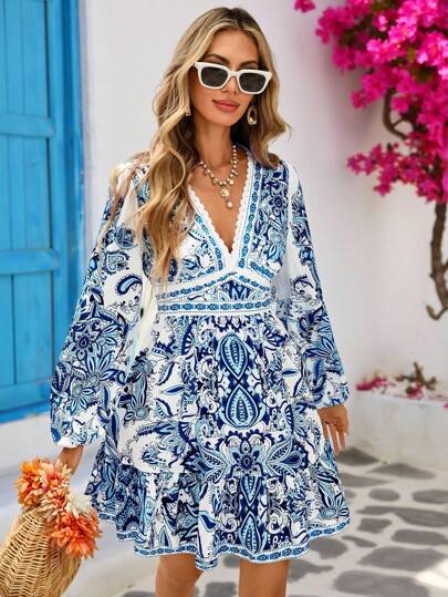 Vivid Eden 女式全身印花深 V 领长袖荷叶边下摆迷你连衣裙