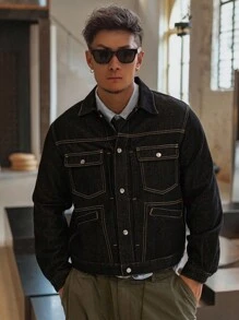 DAZY 男士短款街头风格黑色牛仔夹克，秋季 - 黑色 - 查看 4