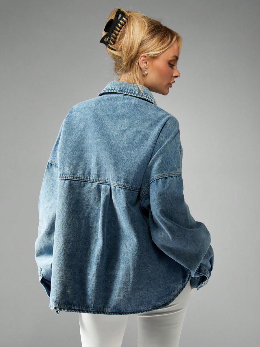 MISSGUIDED 女式超大牛仔衬衫西式系带长袖秋冬休闲波西米亚风时尚纽扣牛仔上衣 - 藍色 - 查看 1