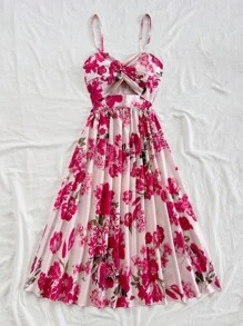 Dreamara Plus Size Women's Summer Vacation Floral Print Twist Front Hollow Back Spaghetti Strap Dress