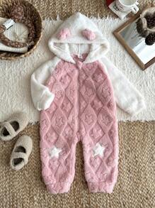 SHEIN 女婴双面羊毛连帽连体衣，可爱休闲装，适合秋冬季日常穿着 - 粉色 - 查看 5