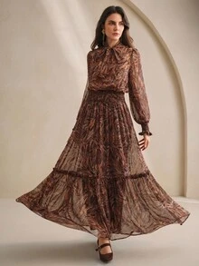 Anewsta Elegant & Slimming Cinched Waist Floral Print Long Dress For Women - Brown - View 3