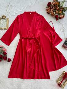 SilkySpell Luxury  Burgundy Satin Mini Pajama Set For Women With Sleeveless Dress And Kimono Sleeve Robe Red Silk Robe Set Silk Robe Set Red Silk Pajamas Red Robe Lingerie Robe Set, Fall Clothes - Burgundy - View 3