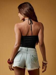 MISSGUIDED Áo len cổ yếm đính ngọc trai trang trí mùa hè không tay crop top dự tiệc tối lễ hội hòa nhạc câu lạc bộ thời trang - màu đen - Xem 2
