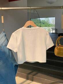 Women's Casual Graphic Slogan Print Cropped T-Shirt, Summer - White - View 2
