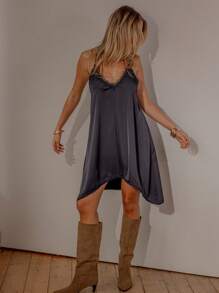 Aralina 秋冬，蕾丝边吊带吊带黑色缎面长裙，外出装，约会装，千禧年装，女士生日礼服，夜店装，女士性感，夜店礼服，婚礼宾客装 - 黑色 - 查看 6