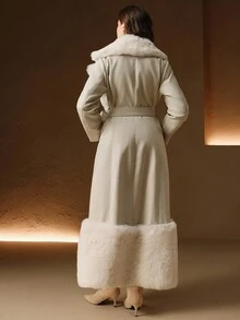 Anewsta Langer Kunstpelzmantel mit Gürtel, flauschiger zottiger Fellpatchwork, Herbst/Winter - Weiss - Übersicht 2