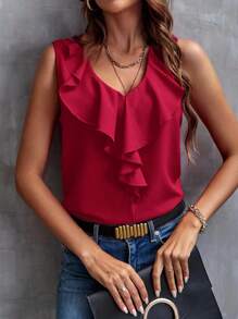 SHEIN Clasi Women's Casual Solid Color Ruffle Sleeveless Blouse, Summer - Red - View 5