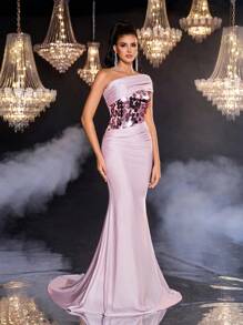 Váy dạ hội trang trọng dáng ôm sát, chất liệu vải thêu sequin thủ công Avant-Garde bất đối xứng, vai chắp vá, viền kéo khóa bên hông, thích hợp cho tiệc cocktail, khiêu vũ, hòa nhạc, khách dự tiệc cưới và các dịp khác - Bụi hồng - Xem 6