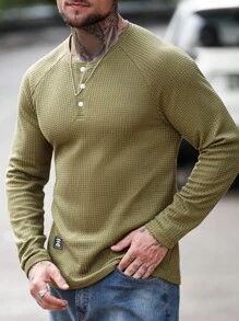 Manfinity CasualCool 男士休闲百搭纯色长袖 T 恤男士亨利衫长袖男士华夫格衬衫，秋冬 - 綠色 - 查看 4