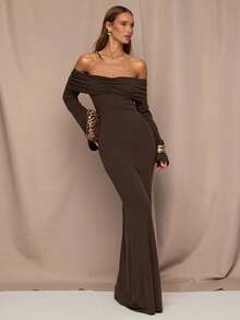SHEIN BAE Đầm trễ vai màu trơn thanh lịch cho nữ - Cà phê - Xem 6