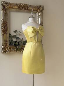 SHEIN Belle Elegant, Romantic, Cute, Sexy, Young, Yellow, Glitter Fabric, Corset Silhouette, Strapless Big Bow, Herringbone Shape, Waisted And Small A-Line, Suitable For Birthday Parties, Graduation Ceremonies, Opening Ceremonies, Music Festivals, Wedding Guests, Ball Gowns, Cocktail Dresses, Party Dress - Yellow - View 6