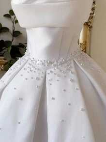 Lovelzi Elegant, Luxurious, Noble, Palace-Style White Satin Strapless Sweetheart Neckline Mermaid Silhouette Dress With Pearl Decor, Flared Hem, Suitable For Bachelorette Party, Wedding, Graduation, Vacation, Bridal Shower