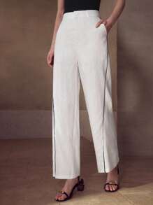 MOTF PREMIUM LINEN CONTRAST TRIM SUIT PANTS - White - View 5