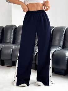 SHEIN EZwear 女式休闲海军蓝撞色侧扣宽松裤 - 藏蓝色 - 查看 5