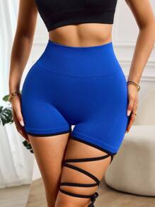 SHEIN Sports Women's Fashion Contrast Binding Criss-Cross High Waist Sports Shorts, Summer - Blue - View 5
