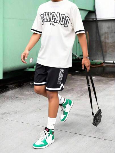 SHEIN 2pcs/Set Teen Boys' Casual Sports College Round Neck White T-Shirt And Sports Shorts Set With Ribbon Decoration And English Pattern Suitable For Teen Boy Outfits Toddler Boy Clothes Back To School Boys Set Suitable For Birthday Parties, Evening Parties, Performances, Weddings, Baptisms, Opening Ceremonies Daily Suitable For Daily Use Suitable For School Suitable For Travel Suitable For Sports Suitable For Spring And Summer Seasons