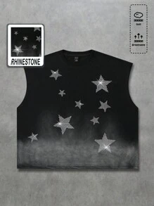 ROMWE MEN Street Life Men's Summer Fashionable Street Rhinestone Five-Pointed Star Gradient Washed Loose Comfortable Breathable Tank Top - Black - View 1