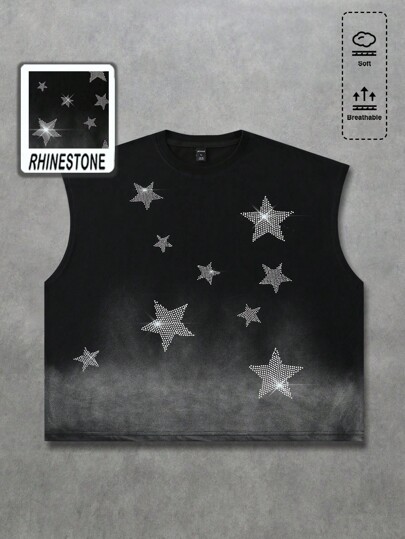 Street Life Men's Summer Fashionable Street Rhinestone Five-Pointed Star Gradient Washed Loose Comfortable Breathable Tank Top