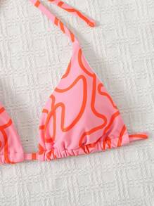 SHEIN Swim Women's Summer Beach Asymmetrical Line Printed Halter Tie Bikini Top, Random Print - Pink - View 4