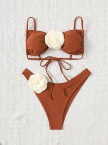 SHEIN Swim Bãi biển mùa hè dành cho nữ 3d chi tiết hoa Áo lót & Bộ đồ bơi dưới đáy Bộ đồ tắm - màu nâu - Xem 3