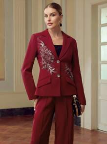 ZEYLAH 2pcs Elegant Red Embroidered Jacket & Pants Suit Set Fall Cloth For Women - Burgundy - View 5
