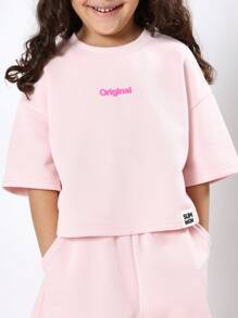 SUMWON Original Logo Girls Two Piece Set Matching Casual Summer Play Outfit Crop Top And Shorts Coordinated Wear Set - Pink - View 3