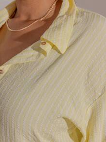 Aralina Curve Summer Resort Vacation Western Plus Size Textured Stripe Beach Cover Up Shirt - Yellow - View 6