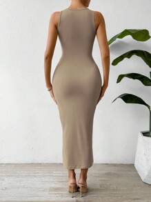 SHEIN PETITE Calvaya Rafferiza Summer Casual Back To School Elegant Sexy Concert Outfit Business Casual Dating Travel Vacation Ruched Waist & Bodycon Slim Fit Sleeveless Dress Round Neck Vest Dress Home Versatile Old Money Style Solid Color Various Color Options Set Maxi Women Outfit Apricot Brown Black Long Dress SummerHoliday Sunny Journey Vacay Vibes Summer Dress