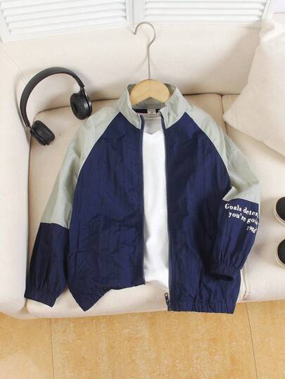 Genkimix Kids Boys' Energetic Letter Print Color Block Jacket, Made With Bright Color Patchwork, Sleeve Features Letter Print, Creates A Youthful And Fashionable Look, Relaxed And Comfortable Fit Suitable For Daily Gatherings, Shopping, Travel, School And Other Occasions Chic Outfits For Autumn/Winter