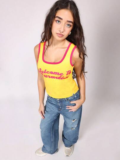 SUMWON Retro Paradise Summer Tank Top Sleeveless Cotton Beach Vacation Graphic Slim Fit Square Neck Festival Y2K Party Top