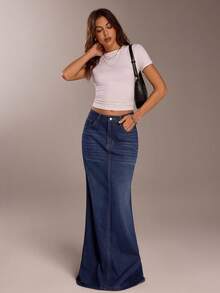 SHEIN Forever 21 夏季、秋季和冬季女士蓝色水洗宽松/高腰/A 字型/Y2k/女士下装/高腰女士牛仔裤/宽松女士牛仔裤/直筒牛仔裤/超长牛仔裙 - 寶藍色 - 查看 7