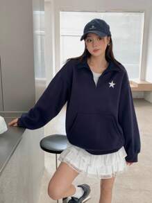 SHEIN Teen Girls American Casual Vintage Star Color Block Splicing Sports Turndown Collar Fluffy Loose Sweatshirt For Spring, Autumn And Winter,Back To School Season Fall - Royal Blue - View 7