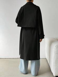 SHEIN EZwear 女式休闲黑色双排扣风衣，秋季 - 黑色 - 查看 2