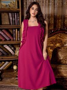 PalaceNights Plus Size Women's Wide Ruffle Trim Bowknot Back Jacquard Backless Long Nightgown - Hot Pink - View 1
