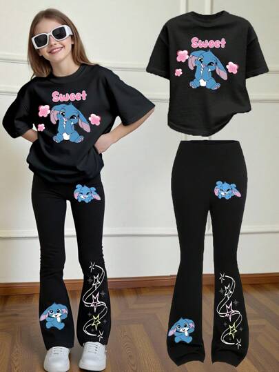 2pcs Tween Girl Casual Outfit Set, Includes Black Round Neck Short Sleeve Top With Cute Blue Rabbit, Floral, Heart, Letter Print And Flared Pants, Rave