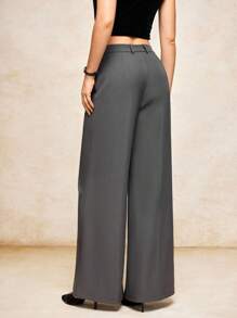 House of One Charcoal Grey Pleated High-Waisted Straight Leg Long Pants Women Casual Office Old Money Fall Clothes Fall Outfits Business Professional Women Business Casual Woman