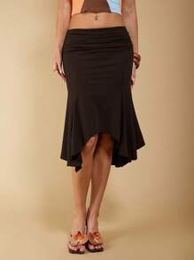 COSMINA Women's Elegant Asymmetrical Ruched Brown Skirt, Suitable For Spring/Summer Vacation