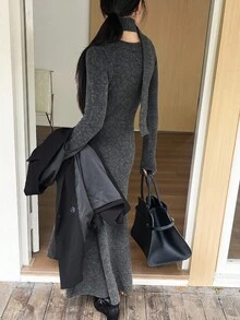 DAZY 长款针织毛衣裙配围巾，女式套头连衣裙 - 深灰色 - 查看 7