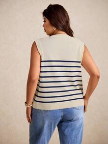 Elaquor Áo vest dệt kim kẻ sọc cỡ lớn thường ngày cho mùa thu/đông - Màu xanh hải quân - Xem 3