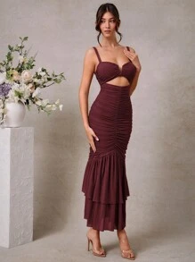 L'Amorae Váy suông xẻ tà đuôi cá xếp ly màu trơn gợi cảm cho nữ - Màu Đỏ Sâu - Xem 3