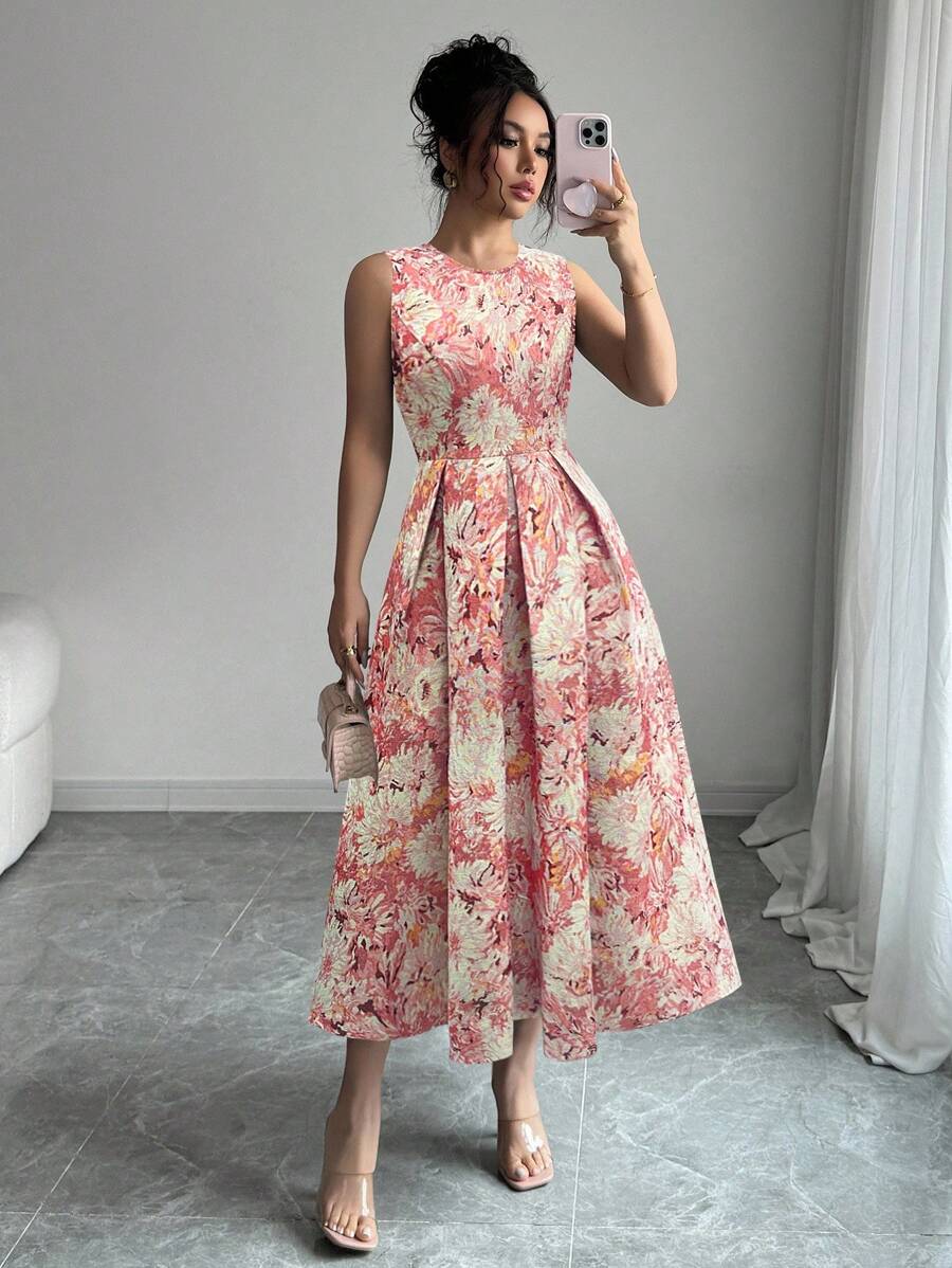 Elenzga 女式彩色印花圆领无袖中长连衣裙 - 彩色 - 查看 1