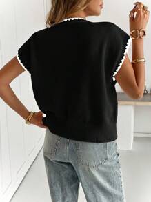 Siren Gaze Áo len dệt kim viền màu tương phản thường ngày dành cho nữ - màu đen - Xem 2