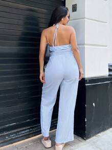 NegzBox 2 piezas Conjunto casual de mujer con top de tirantes halter sin espalda a rayas y pantalones de pierna ancha con bolsillos de verano - Azul - Ver 2