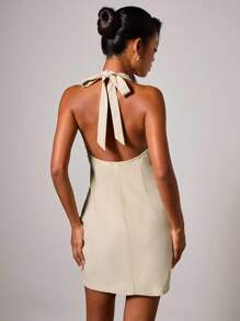 COSMINA Women's Elegant V-Neck Metal Buckle Mini Dress Beige Dress For Women Khaki Dress Neutral Dresses For Women - Khaki - View 2
