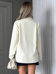 EURMUSE Cardigan de malha com bolso falso e gola polo feminino - Creme - Ver 6